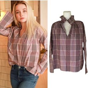 LN Tuckernuck Never A Wallflower Burgundy and White Plaid Print Ruffle Blouse  L